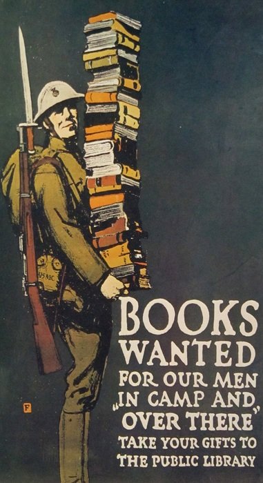 postcard with a soldier and books about the war