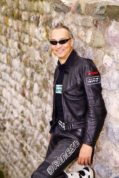 happy man in leather clothing