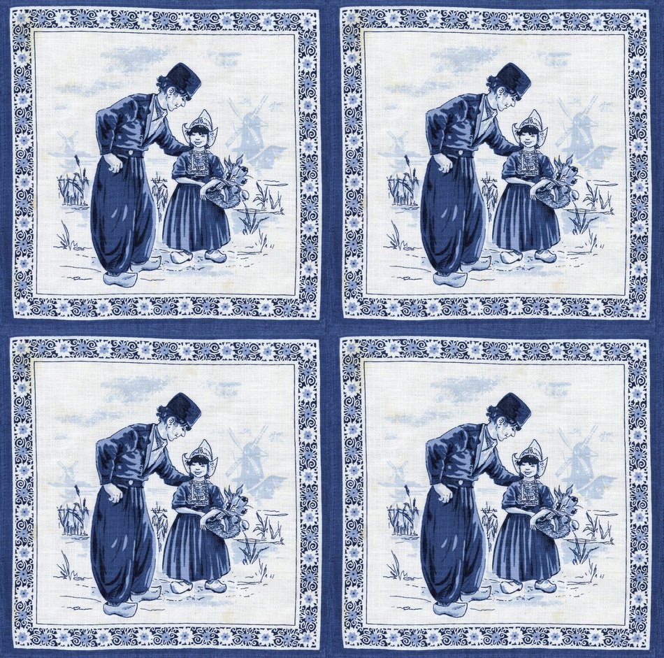 Antique holland tiles, man and child girl with flowers