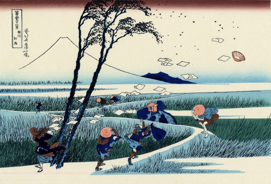 people walking to mount fuji on windy weather, vintage japanese drawing