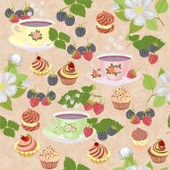 Appetizing a repeating pattern with cups cakes and berries