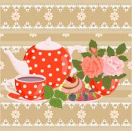 Red kettle and Cup in peas raspberries blackberries
