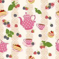 Seamless vector pattern with teapot cups raspberries and cake N2