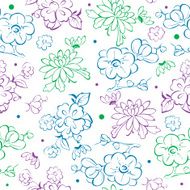 Vector Blue Purple Green Kimono Flowers Drawing Seamless Pattern