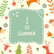 Summer card with forest plants and animals