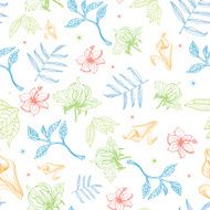 Vector Tropical Pastel Drawing Flowers Seamless Pattern