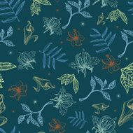 Vector Tropical Night Lineart Flowers Seamless Pattern