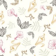 Vector Floral Gold Pink Brown Tropical Drawing Seamless Pattern