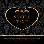 Golden label heart on damask black background