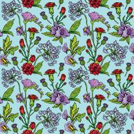 Seamless pattern with Realistic graphic flowers - hand drawn background