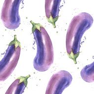 Watercolor hand drawn seamless pattern with fresh eggplant aubergine vegetable