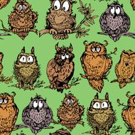 Seamless pattern with cute owls on branch Hand drawn background