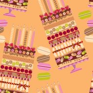 Big multilayer cake with candles and macaroons Seamless background pattern N2