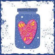 Hand drawn vintage print with a jar and decorated heart N3