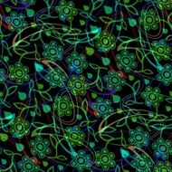 Dark background with fantasy green flowers and water drops