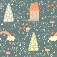 Cute seamless pattern with a house and rainbow