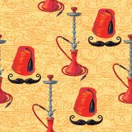 Turkish seamless pattern with fez mustache and hookah