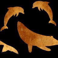 Seamless pattern with golden whale and dolphin