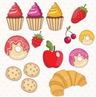 Illustration set of donuts cakes croissant and fruits Vector
