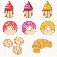 Illustration set of donuts cakes croissant Vector