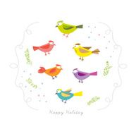 Holiday card with colourful Birds and floral element