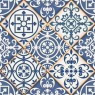 Seamless patchwork pattern from dark blue and white Moroccan tiles N5