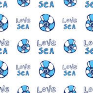 Hand drawn love sea seamless pattern with shells Blue background