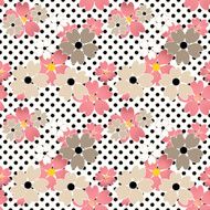 Seamless flowers pattern with black dots circles background