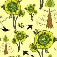 Green spring pattern with swallows and trees