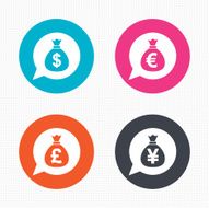 Money bag icons Dollar Euro Pound and Yen N6