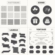 Birthday party icons Cake and gift box symbol N3