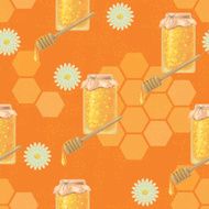 Seamless pattern with glass jar full of honey wooden dipper