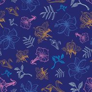 Vector Exotic Night Flowers Lineart Seamless Pattern