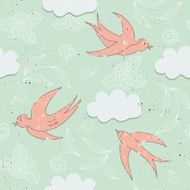 Seamless background with swallows clouds and flowers