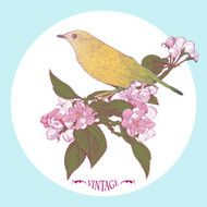 Greeting Card with Bird Sitting Down on Blooming Tree Twigs