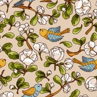 Pattern with apple blossom and birds