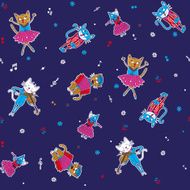 Cartoon seamless multicolored singing cats and stars on a dark