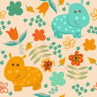Seamless pattern with hippo and flowers