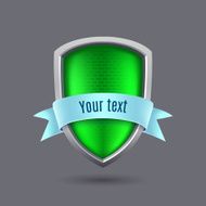 Green metal shield on gray background
