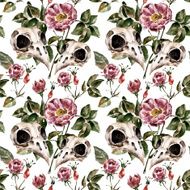 Seamless pattern with flowers and birds skull Watercolor illustration