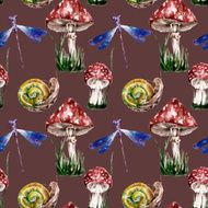 Seamless pattern with amanita snail dragonfly mushrooms Watercolor illustration