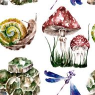 Seamless pattern with amanita snail dragonfly mushrooms Watercolor illustration N2