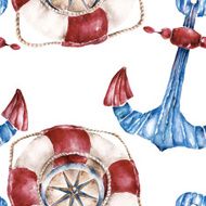 Seamless pattern with lifebuoy anchor and compass Watercolor illustration