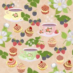 Appetizing a repeating pattern with cups cakes and berries