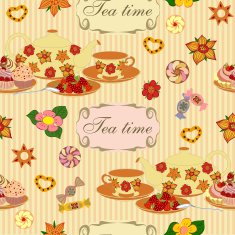 Seamless vector pattern with teapot cups raspberries and cake