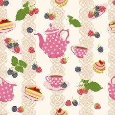 Seamless vector pattern with teapot cups raspberries and cake N2