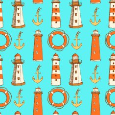 Sketch life bouy lighthouse and anchor in vintage style