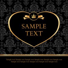 Golden label heart on damask black background