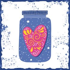 Hand drawn vintage print with a jar and decorated heart N3