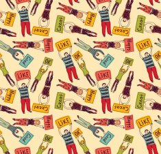 Seamless pattern group casual happy people with plates color N2